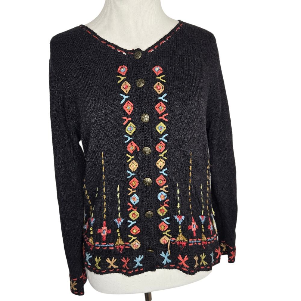 Icelandic Design Silk Cardigan Artsy Ribbon Nordic Runes Black Women Small